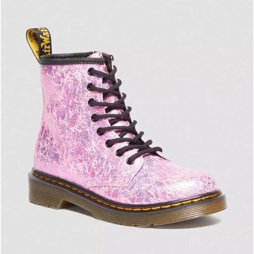 NEW! Dr. Martens Junior 1460 Crinkle Metallic Lace Up Boots Pink SZ 3